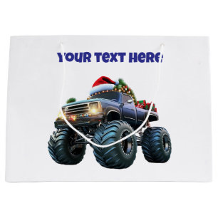 Editable Blue Monster Truck Christmas Gift Bag