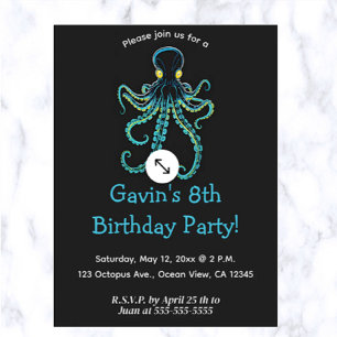 Editable Blue Octopus Invitation Postcard