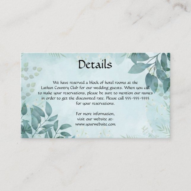 Editable Blue Pastel Leaves Details of the Wedding Enclosure Card (Front)