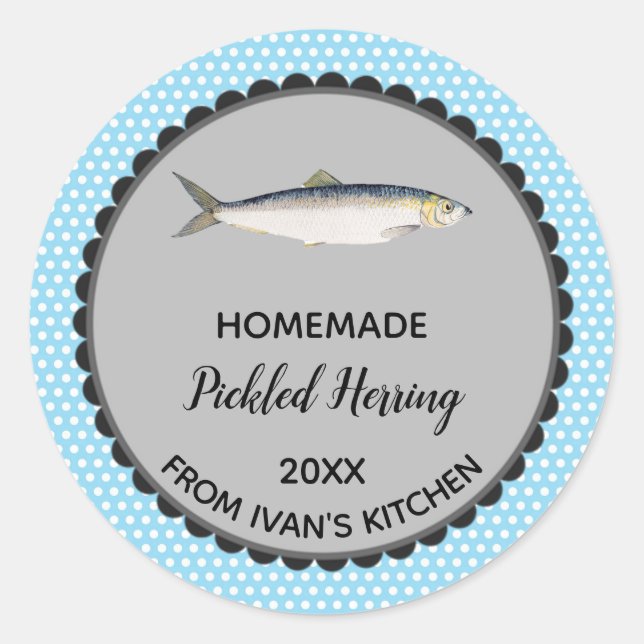 Editable Blue Polka Dot Herring Label Stickers! (Front)