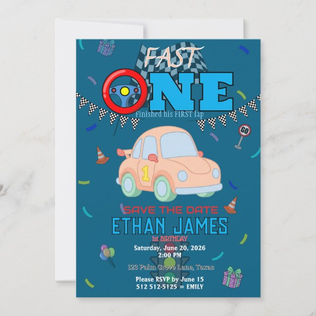 Editable Blue Racing Boy 1st Birthday Invitation (Front)