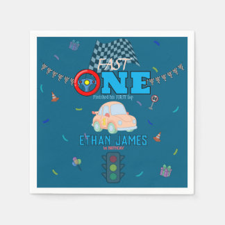 Editable Blue Racing Boy 1st Birthday Invitation Napkin