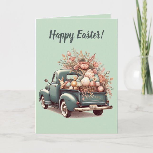Editable Blue Truck Bunny And Eggs Easter Card (Front)