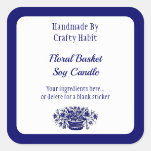 Editable Blue White Vintage Flowers Square Labels