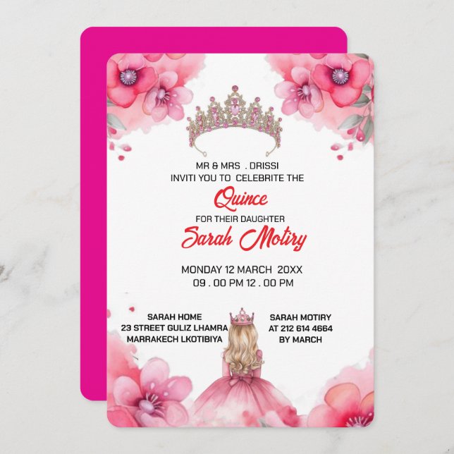 Editable Blush Pink Quinceañera Invitation templat (Front/Back)