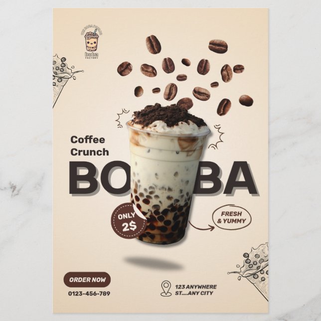 Editable Boba Tea Cafe Flyer, Small Business Menu (Front)