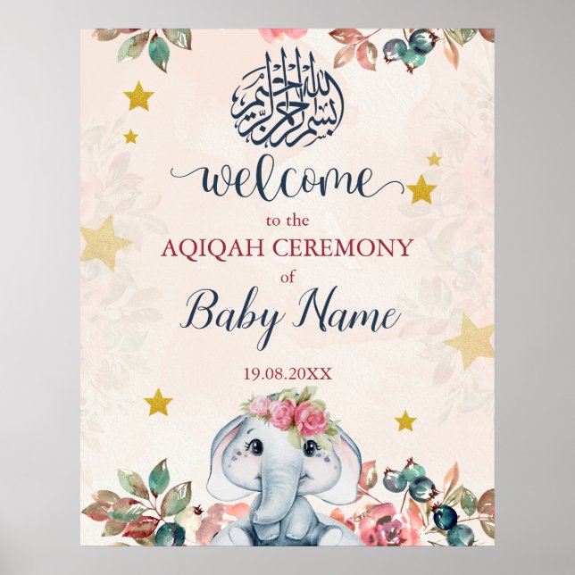 Editable Boho Elephant Aqiqah Aqeeqah Poster Sign (Front)