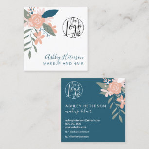 Editable boho floral pink blue logo hair makeup square business card