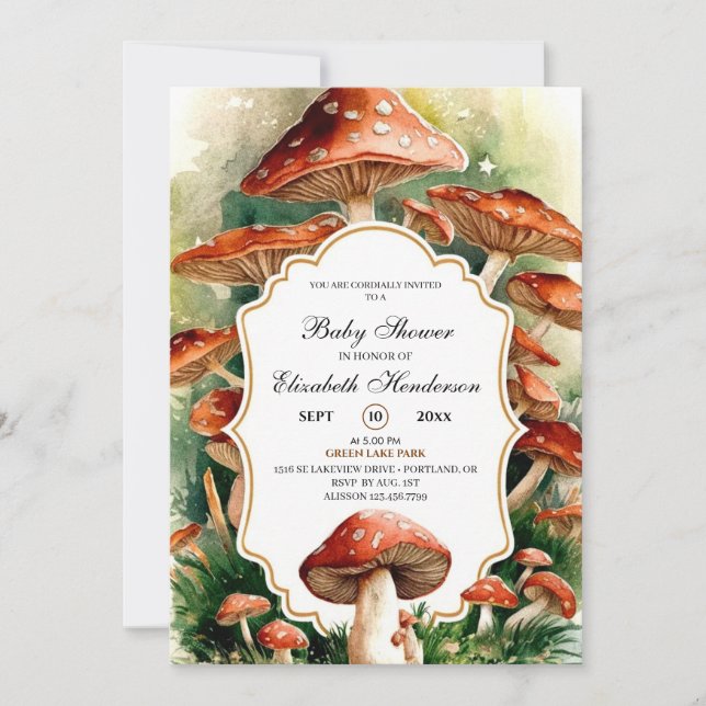 Editable Boho Mushroom Baby Shower Invitation (Front)