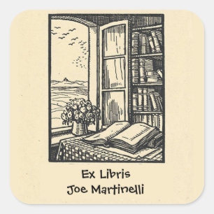 Editable Book By a Window Ex Libris Bookplate Square Sticker