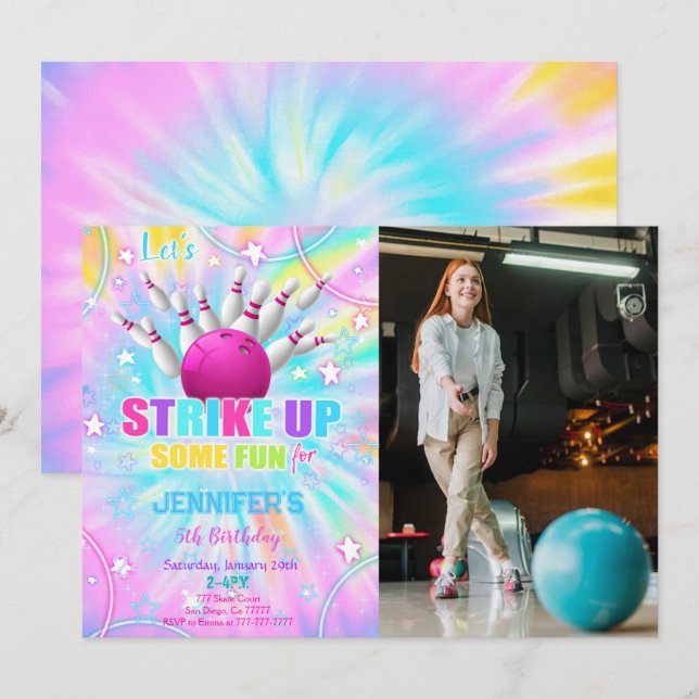 Editable Bowling Birthday Photo Invitation (Front/Back)