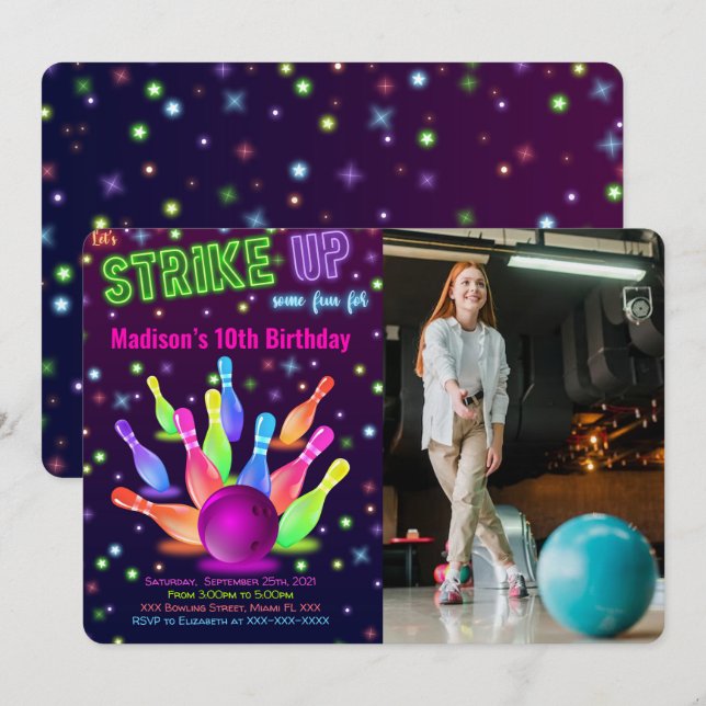 Editable Bowling Photo Invitation (Front/Back)
