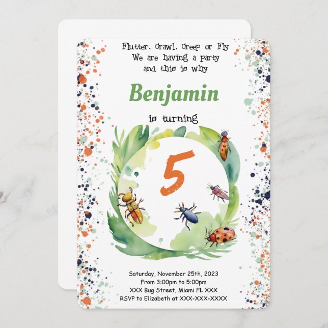 Editable Boy  Bug Birthday Party Invitation (Front/Back)