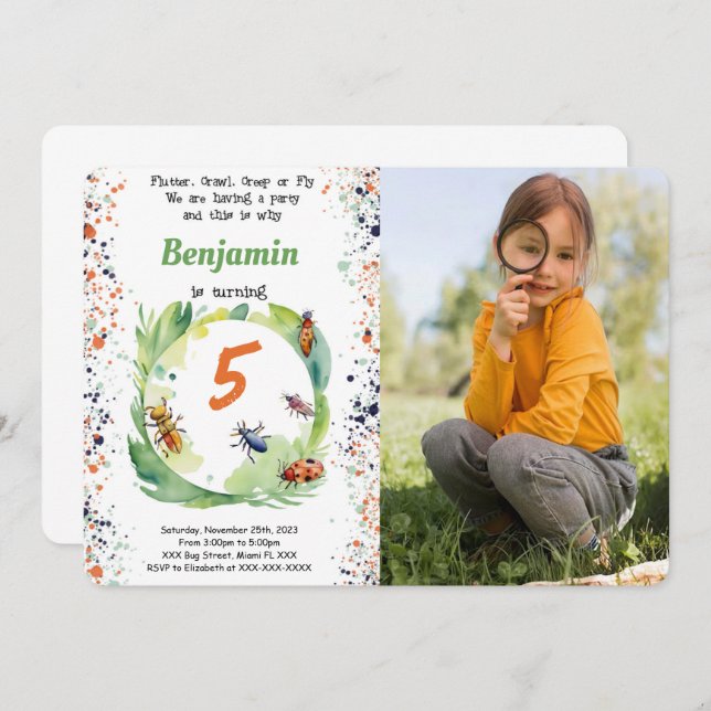Editable Boy  Bug Birthday Party Photo Invitation (Front/Back)