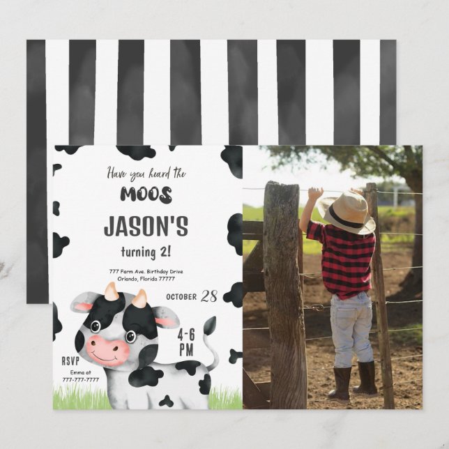 Editable Boy Cow Birthday Photo Invitation (Front/Back)