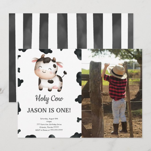 Editable Boy Cow Birthday Photo Invitation (Front/Back)