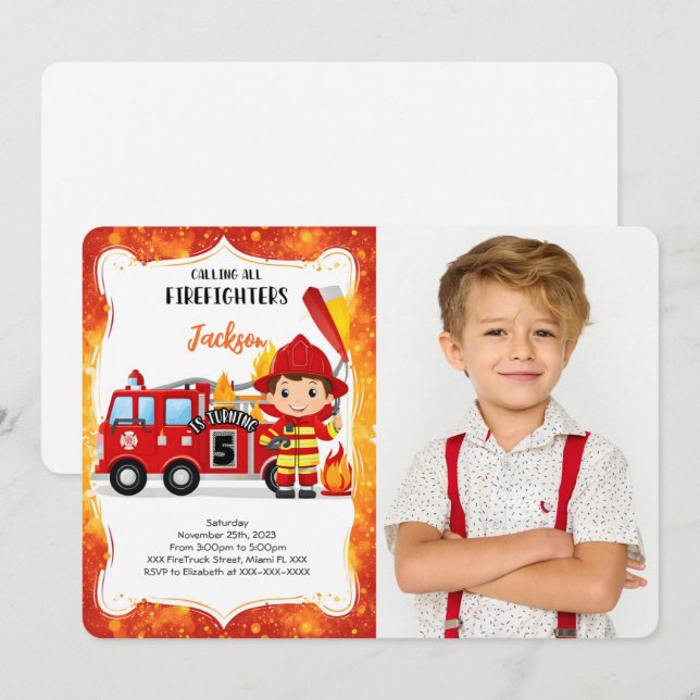 Editable Boy Fire Truck Birthday Photo Invitation (Front/Back)