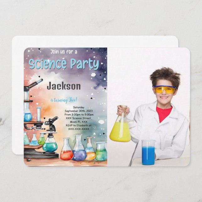Editable Boy Science Birthday Party Photo Invitation (Front/Back)