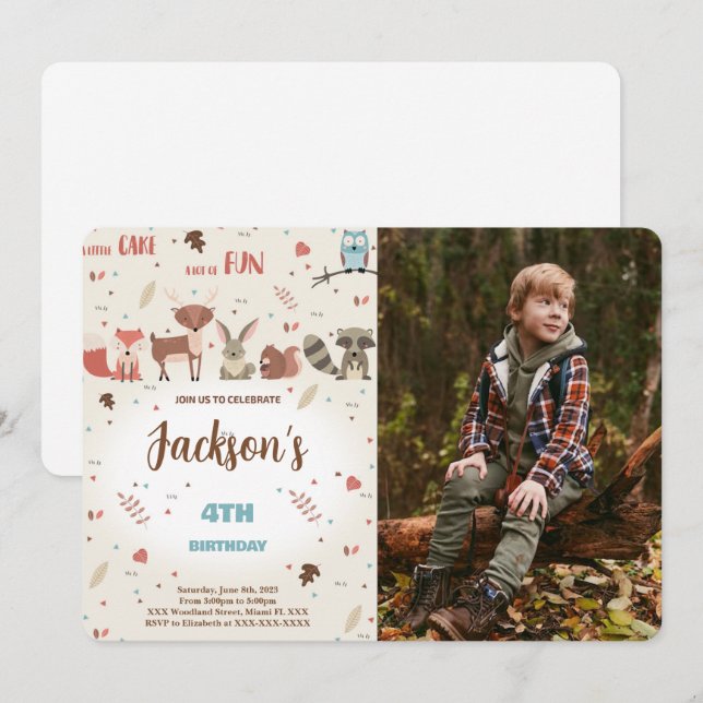 Editable Boy Woodland Birthday Photo Invitation (Front/Back)