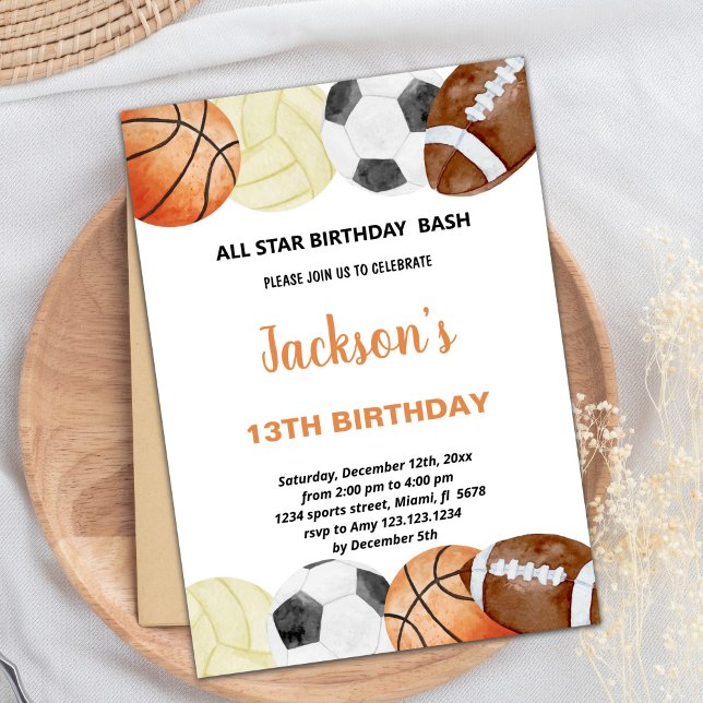 Editable Boys All-Star Game Day Party Invite (Watercolor Sports Birthday Invitations)