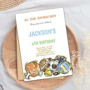 Editable Boys Multi-Sport Party Invite with Artist