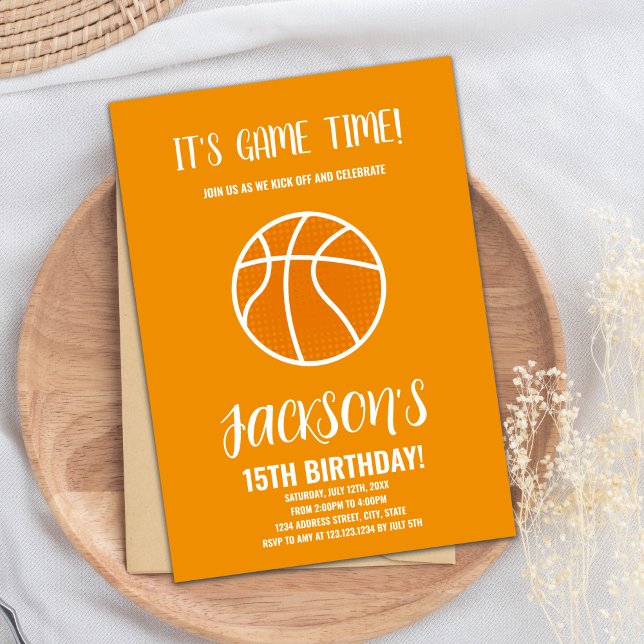 Editable Boys Slam Dunk Sports Party Card (Orange Basketball Birthday Invitations)