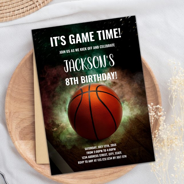 Editable Boys Sports Party Card with Cloud Back (Green White Cloud Basketball Invitations)