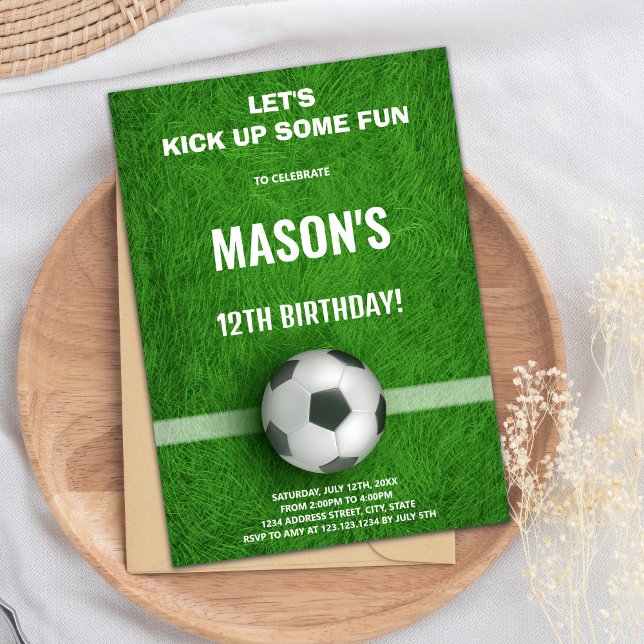 Editable Boys Sports Party Card with Field & Ball  (Green Soccer Birthday Invitations)