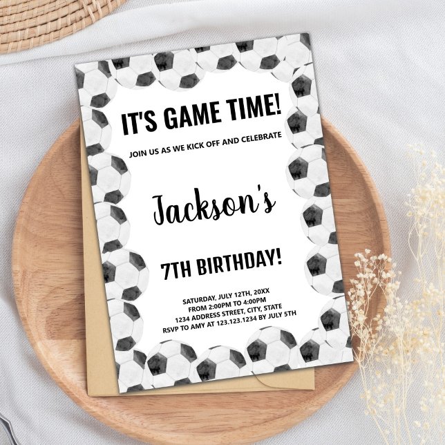 Editable Boys Sports Party Card with Modern Ball (Black Soccer Invitations)