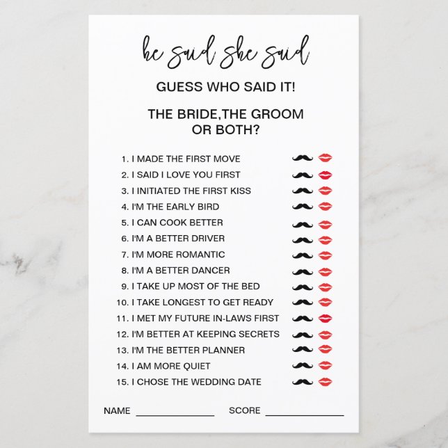 EDITABLE Bride or Groom Guess Who Said it Game (Front)