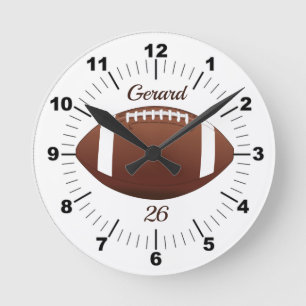Editable Brown Football With Name and Team Number Round Clock