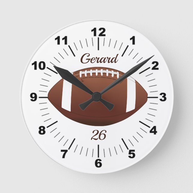 Editable Brown Football With Name and Team Number Round Clock (Front)