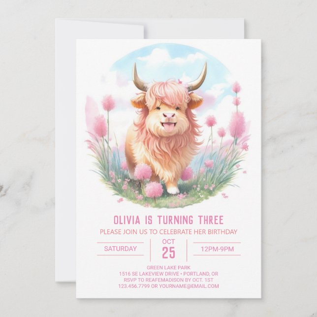 Editable Brown Highland Cow Birthday Invitation (Front)