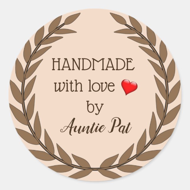 Editable Brown Leaf Wreath Handmade With Love By Classic Round Sticker (Front)