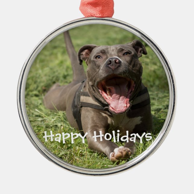 Editable Brown Pitbull In Grass Metal Tree Decoration (Front)