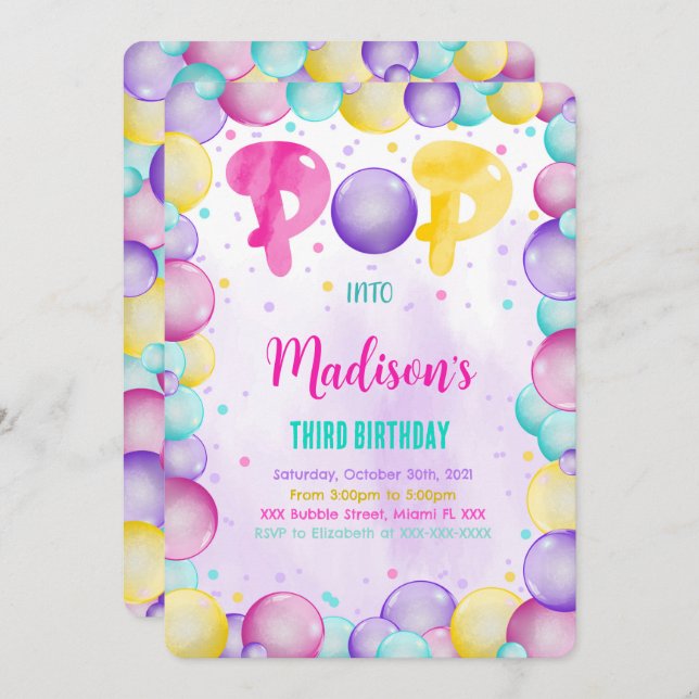 Editable Bubbles Birthday Invitation (Front/Back)