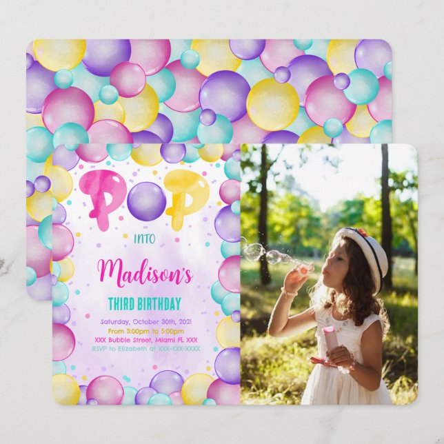 Editable Bubbles Birthday Photo Invitation (Front/Back)
