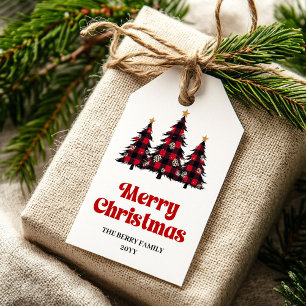 Editable buffalo tree gift tag red green holiday