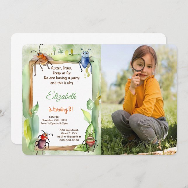 Editable Bug Birthday Party Invitation (Front/Back)