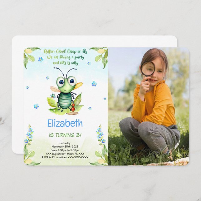 Editable Bug Birthday Photo Invitation (Front/Back)