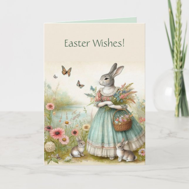Editable Bunnies and Flowers Happy Easter Card (Front)