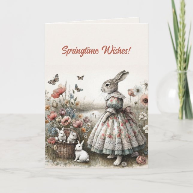 Editable Bunnies Springtime Wishes Happy Easter Card (Front)