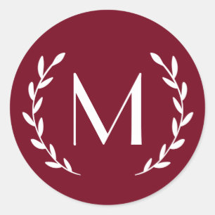 Editable Burgundy Laurel Monogram Letter Initial Classic Round Sticker
