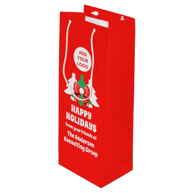 Editable Business Logo Happy Holidays Corporate Wine Gift Bag (Front Angled)
