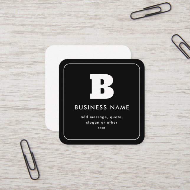 Editable Business Name & Slogan | Black & White Square Business Card (Front/Back In Situ)