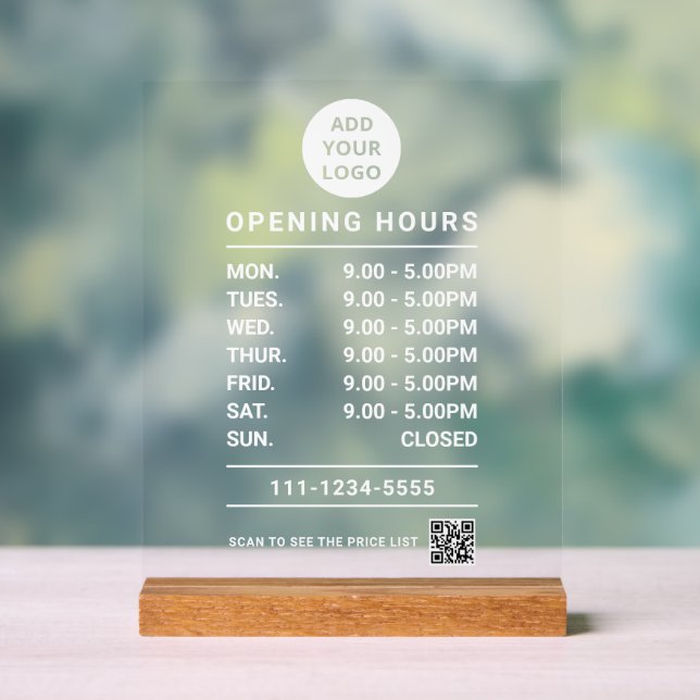Editable Business Opening Hours logo and qr code Acrylic Sign (Neutral)
