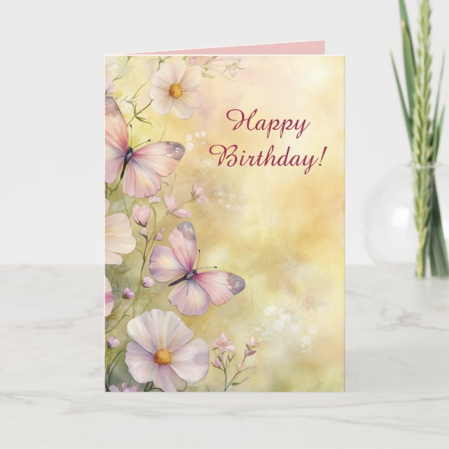Editable Butterflies and Flowers Birthday Card (Front)
