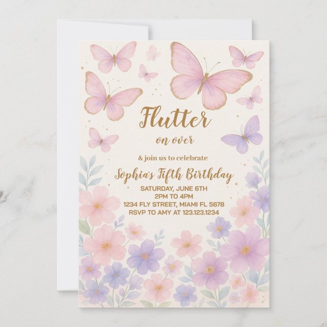 Editable Butterfly Birthday Invitation for Girls (Front)