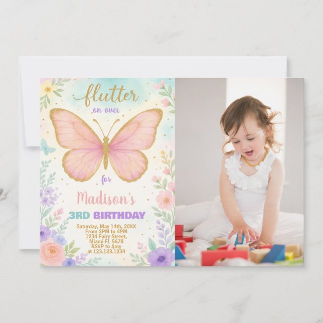 Editable Butterfly Birthday Invitation with photo (Front)