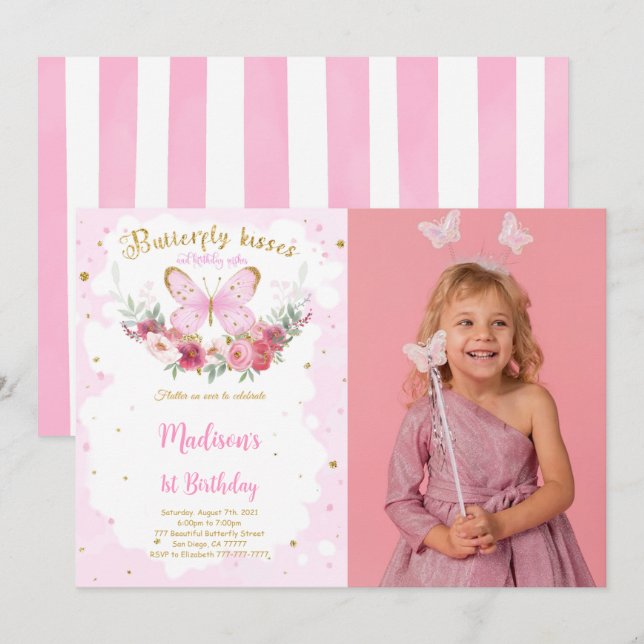 Editable Butterfly Birthday Photo Invitation (Front/Back)